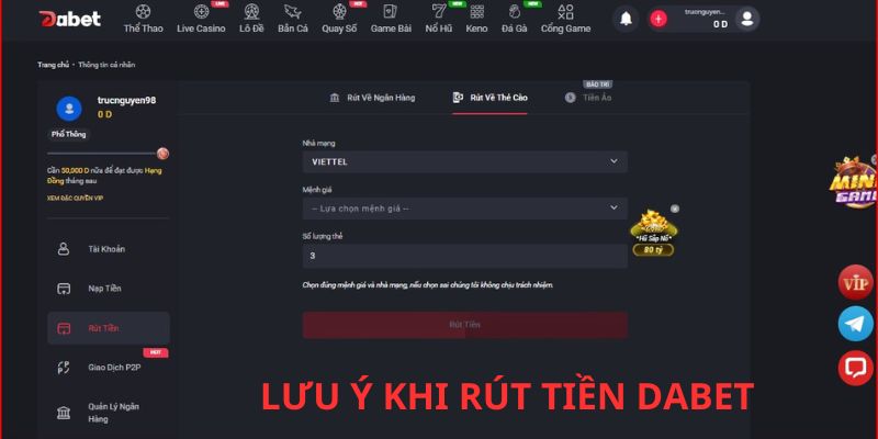 Rút tiền tại Dabet có vài điểm quan trọng cần lưu ý